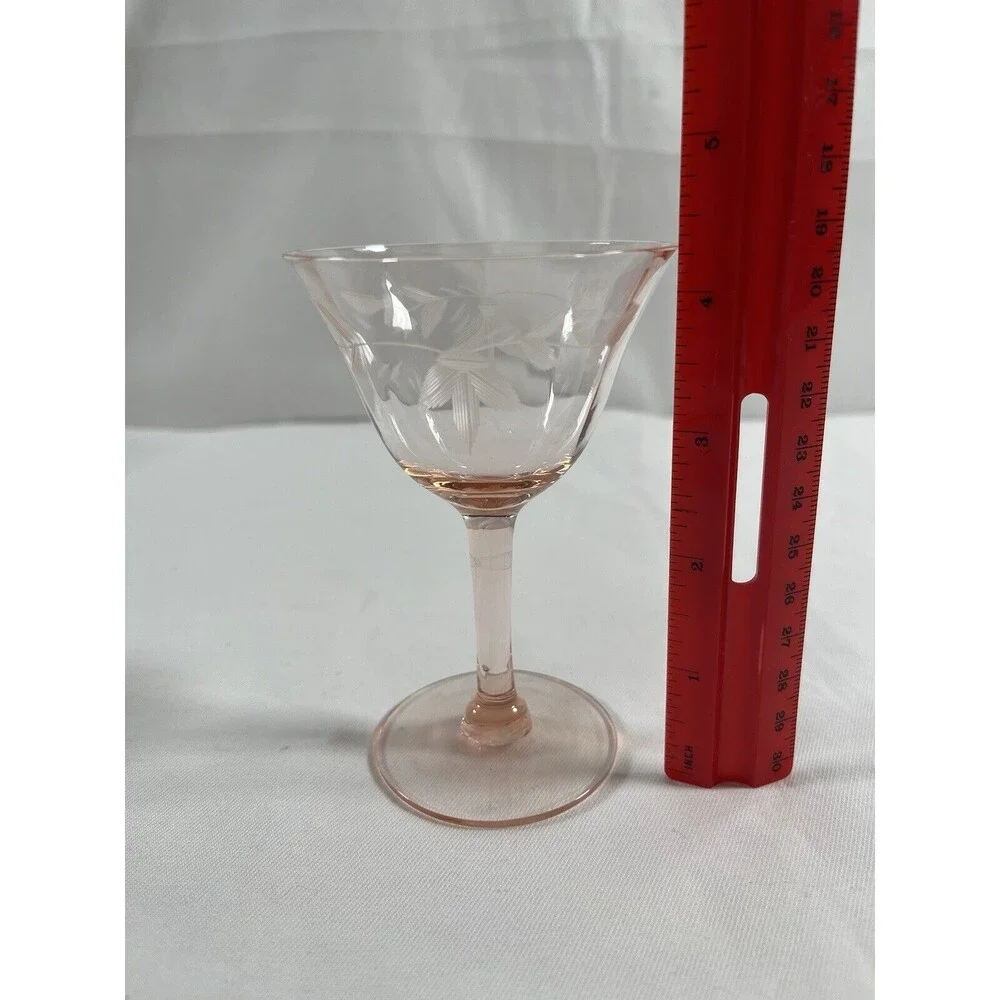 Lot of 2 Vintage Pink Depression Wine Glass Floral Etched #676